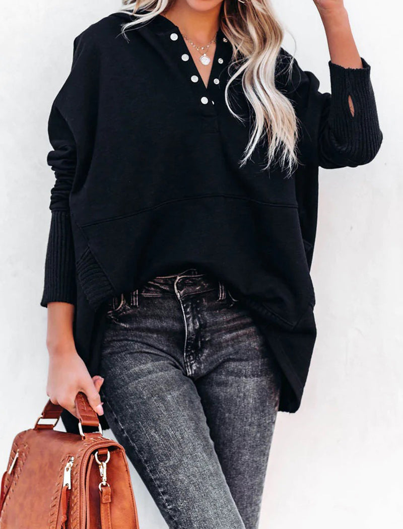 Oversized Hooded Top with Button Details
