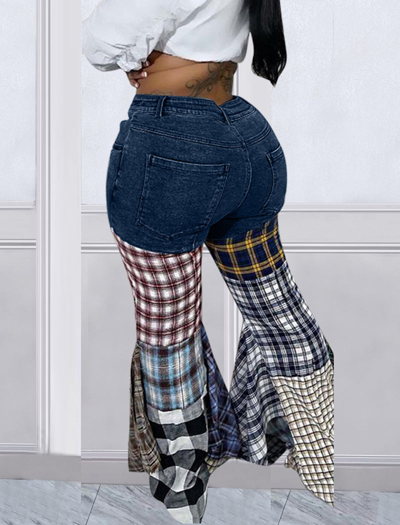 Patchwork Flare Leg Denim Pants