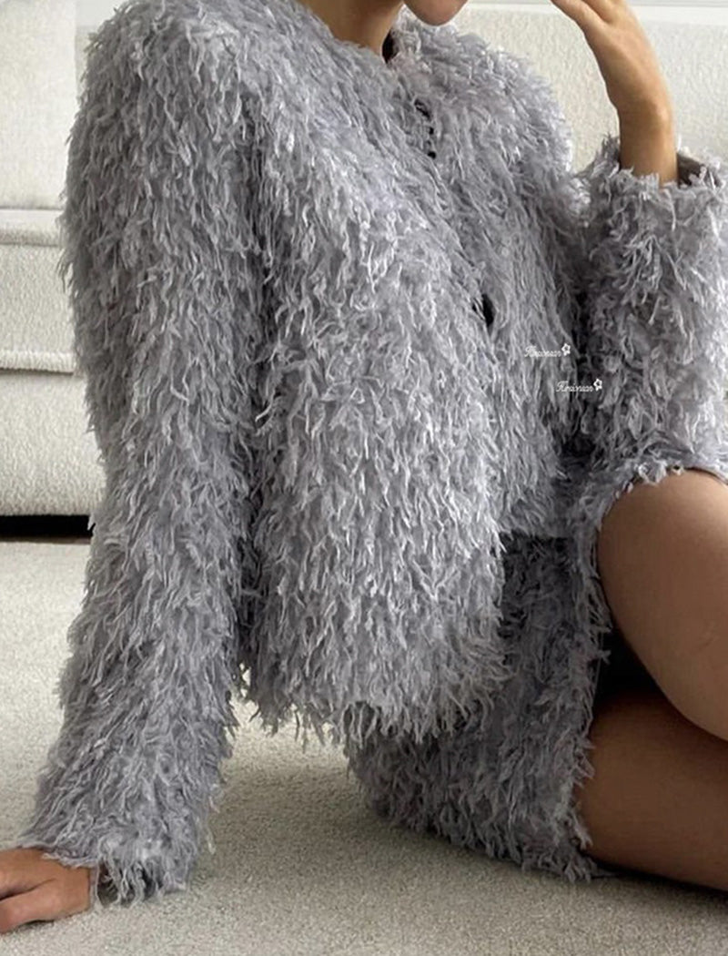 Textured Fringe Jacket and Skirt Set