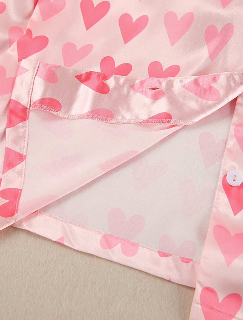 Heart Pattern Button-Up Pajama Set