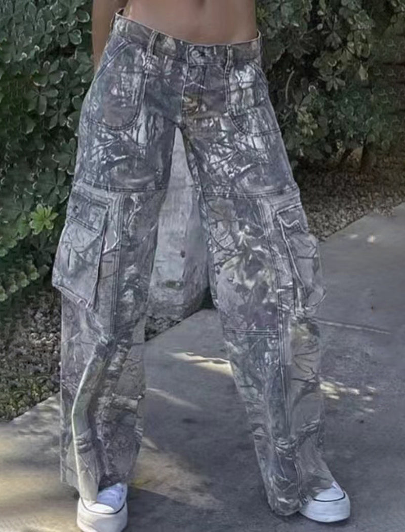 Metallic Wide-Leg Cargo Pants with Pockets