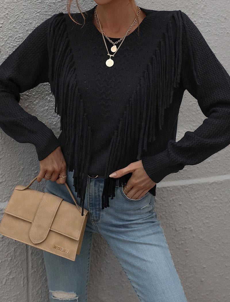 Fringe Accent Knit Crew Neck Sweater