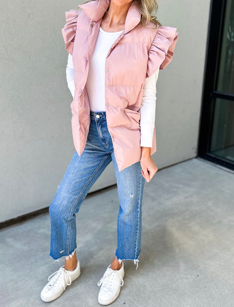 Ruffle Trim Quilted Sleeveless Vest