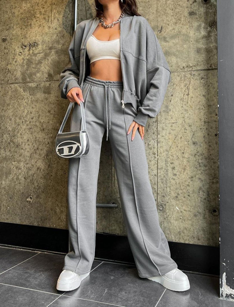 Zip-Up Cropped Jacket and Wide-Leg Pants Set