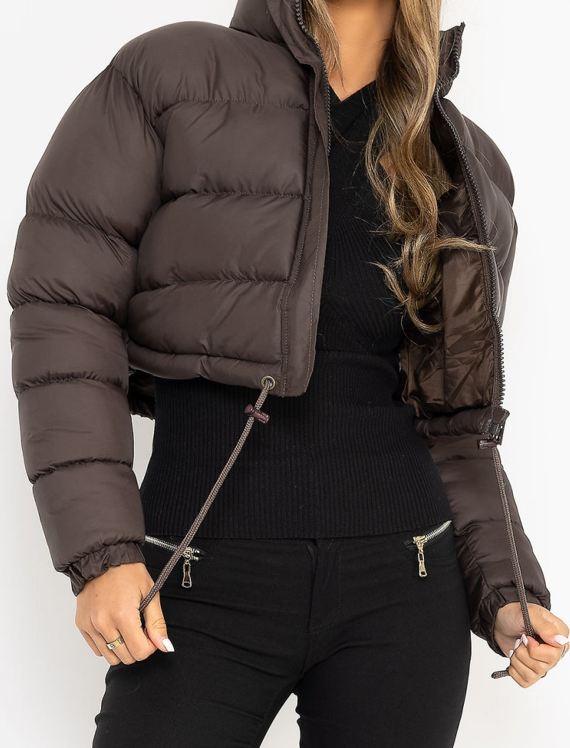 Cropped Puffer Jacket with Stand Collar