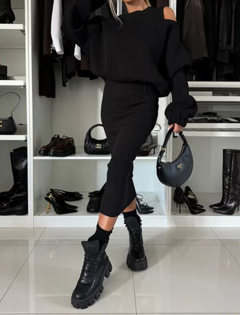 Ribbed Cut-Out Top with High-Waisted Skirt