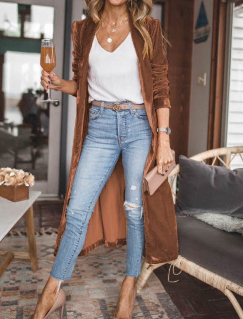 Loose-Fit Velvet Stretch Long Coat