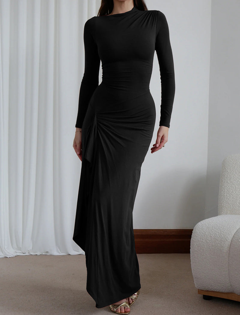 Long-Sleeve Fitted Maxi Dress with Ruched Detail