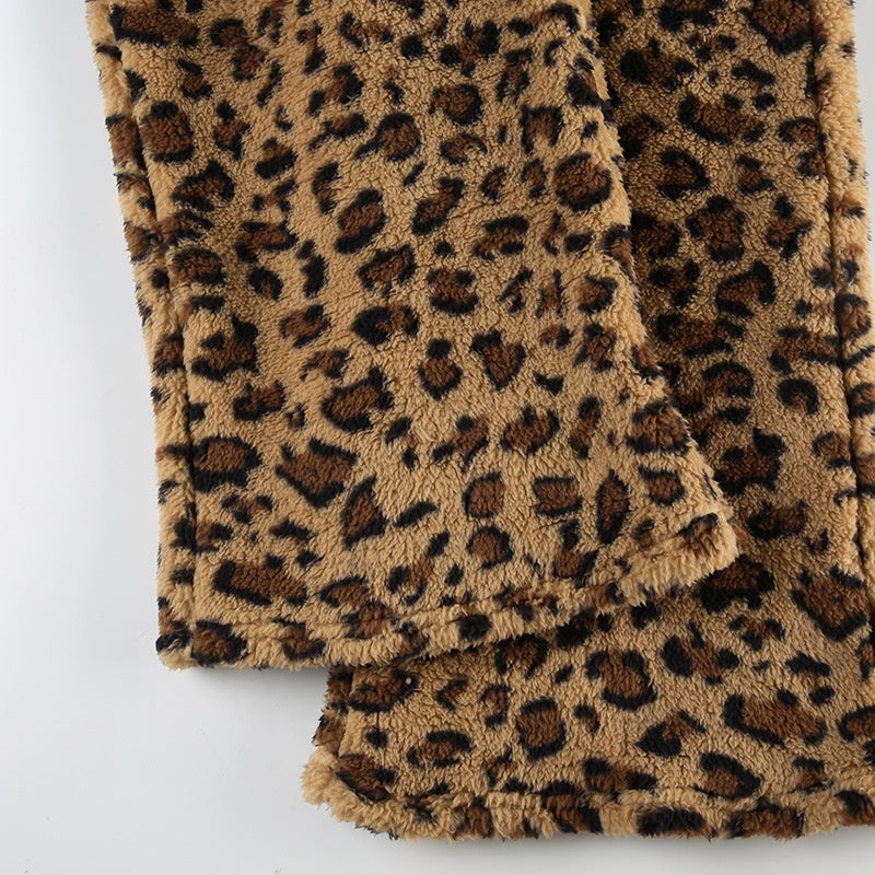 Leopard Print Tie-Waist Fuzzy Pants