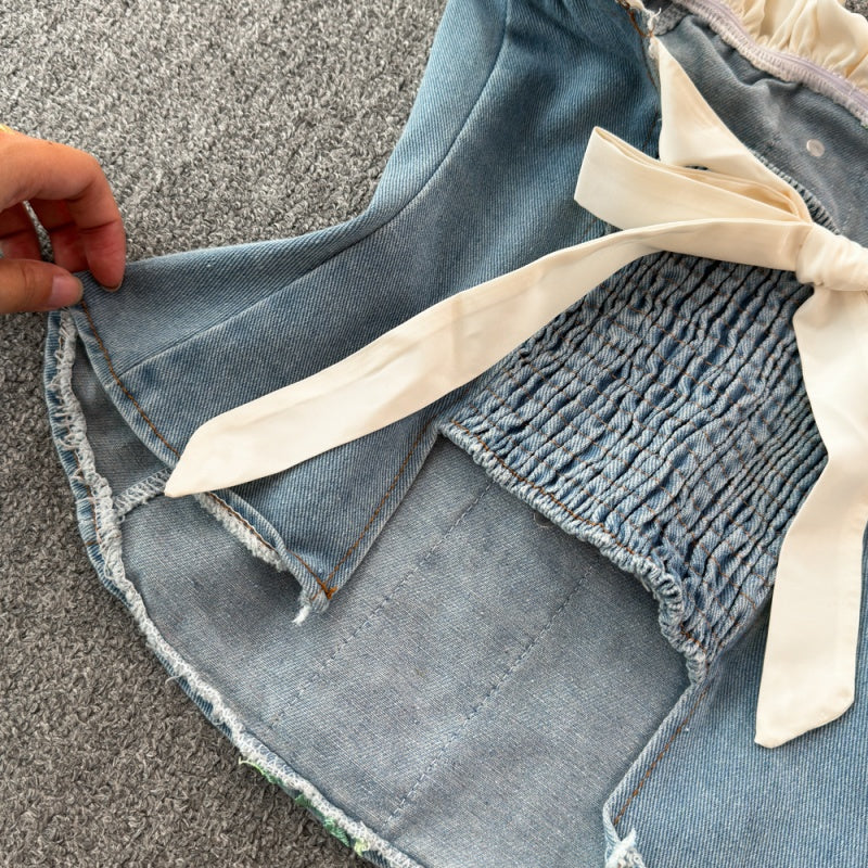 Ruffle Trim Off-Shoulder Denim Bustier