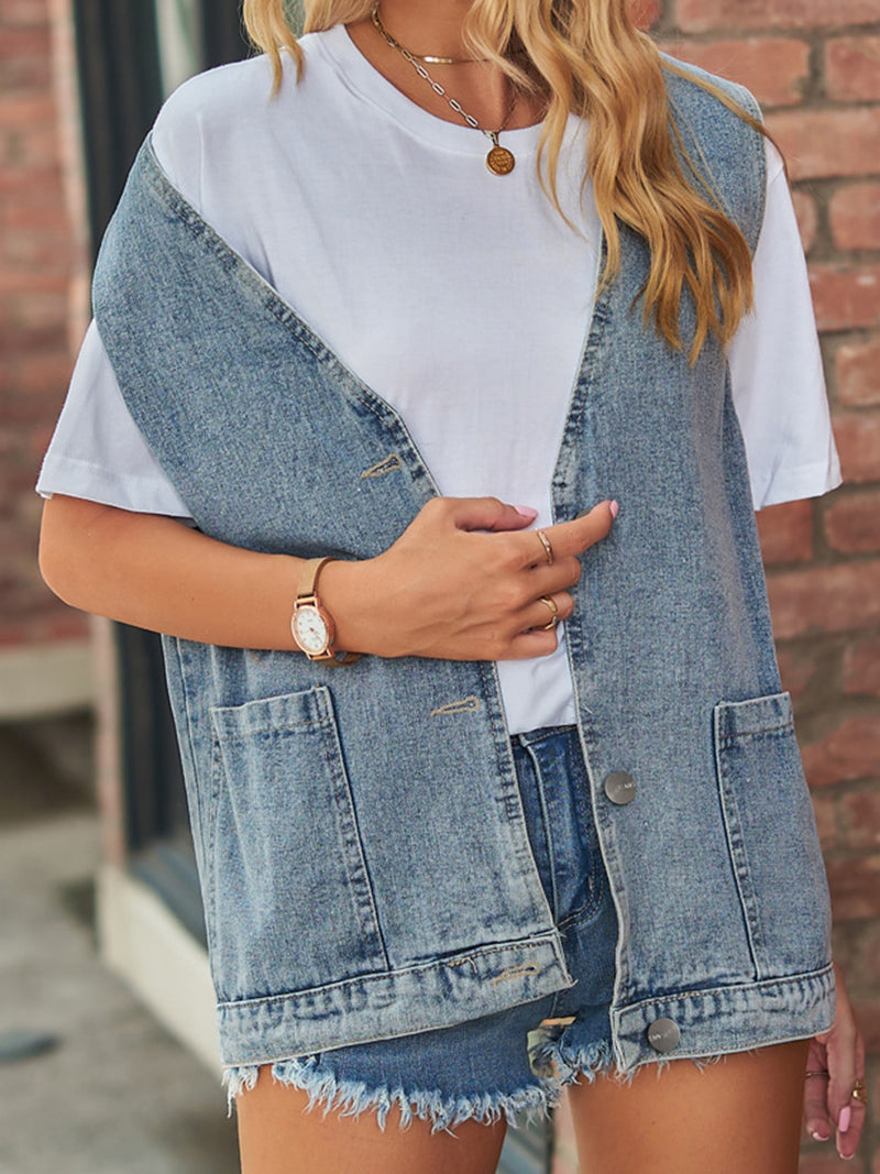 V-Neck Buttoned Pockets Denim Vest