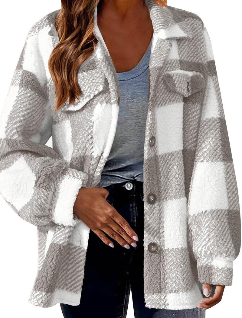 Plaid Sherpa Jacket with Button Closure