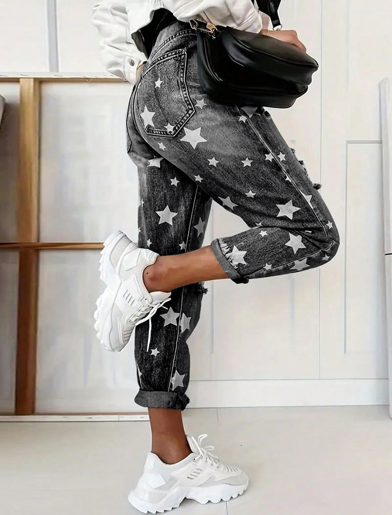 Star Print Distressed Boyfriend Jeans