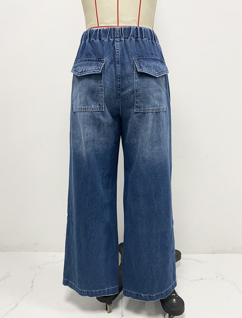 Mid-Rise Pleated Wide-Leg Denim Pants