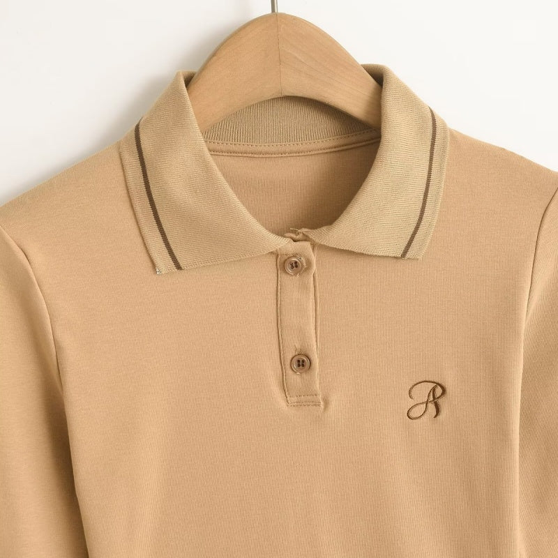 Polo Collar Colorblock Long Sleeve Top and Pleated Skirt Set