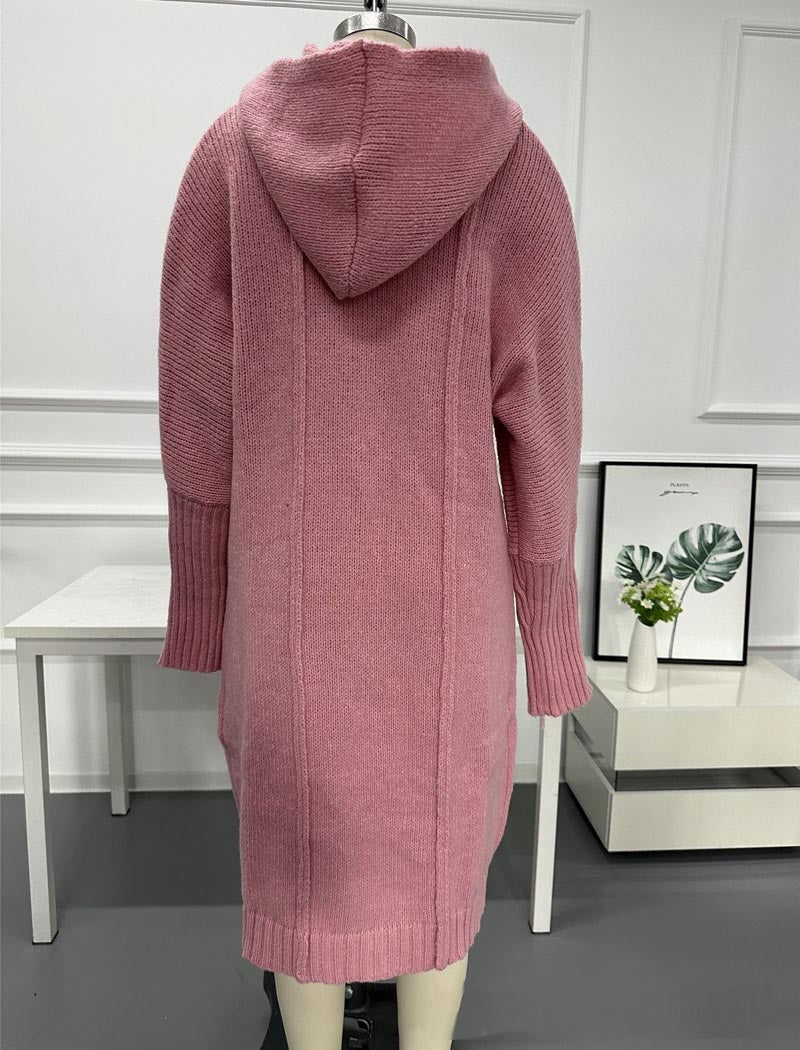 Solid Color Hooded Mid-Length Knit Cardigan