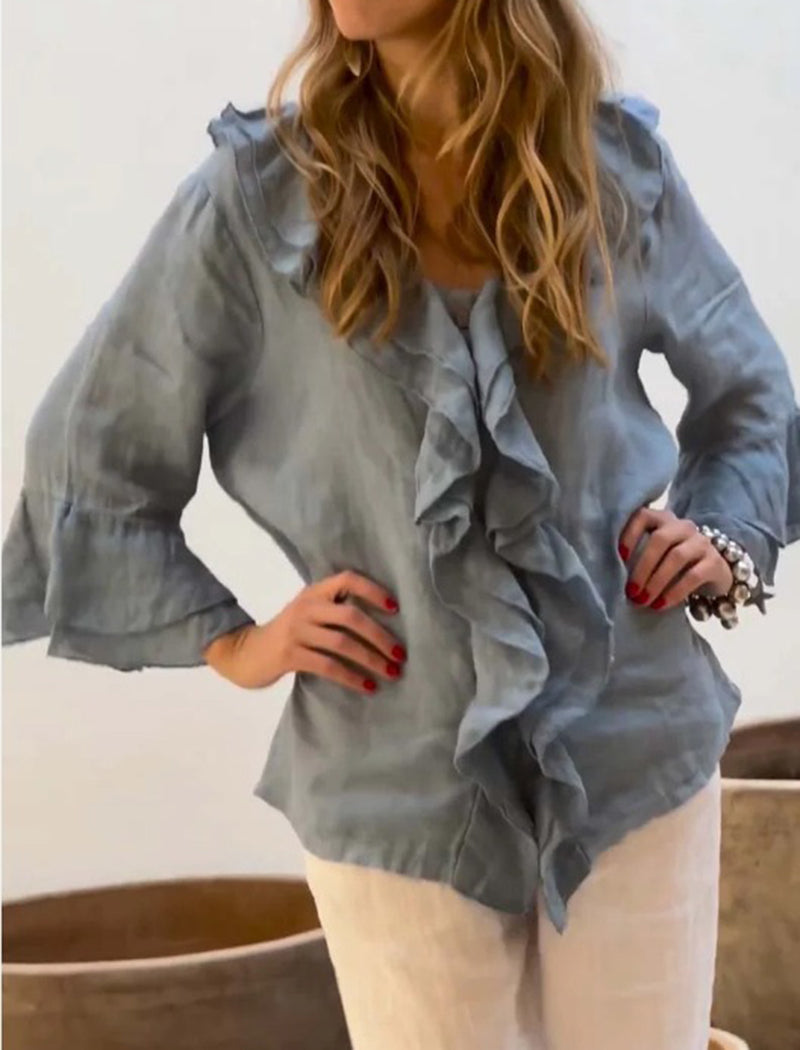 Ruffle Trim Solid Blouse