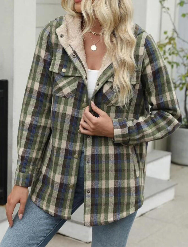Plaid Long Sleeve Fuzzy Hooded Jacket