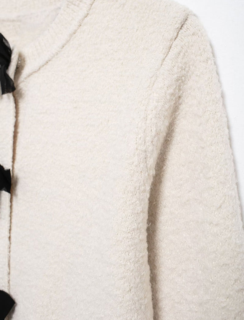 Bow-Detail Fringe Trim Tweed Cardigan
