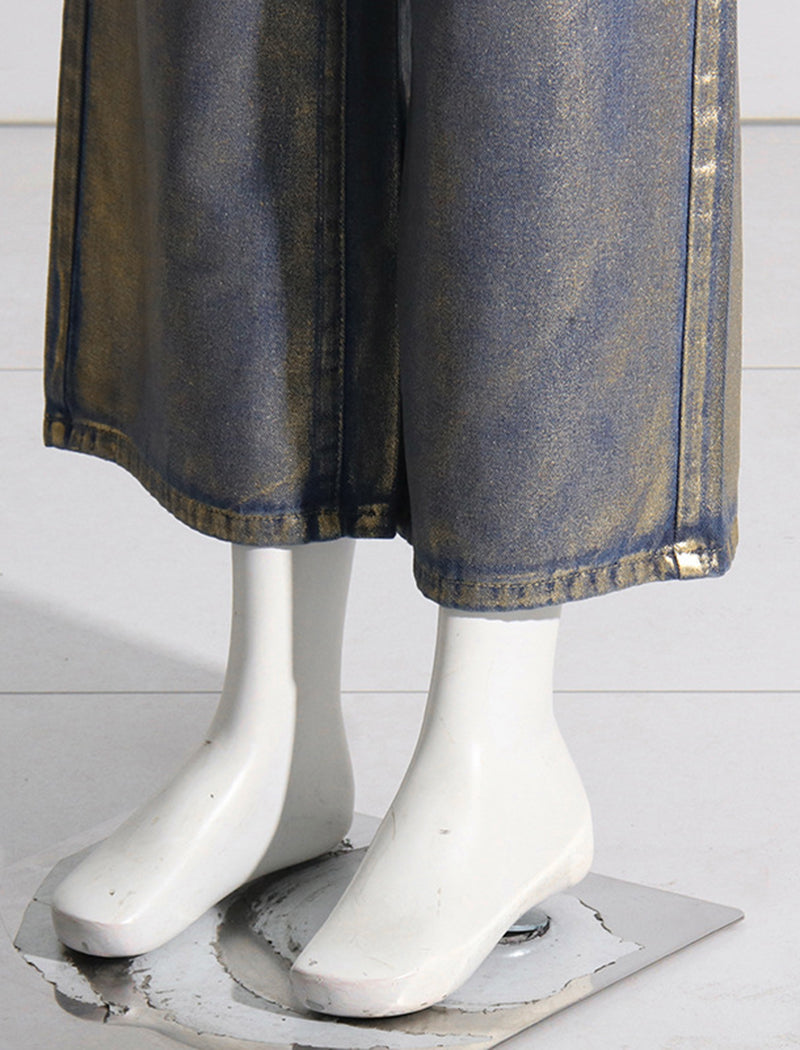 Metallic Wide-Leg High-Waist Pants