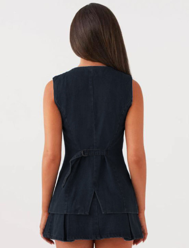 Denim Button-Up Vest and Skirt Set