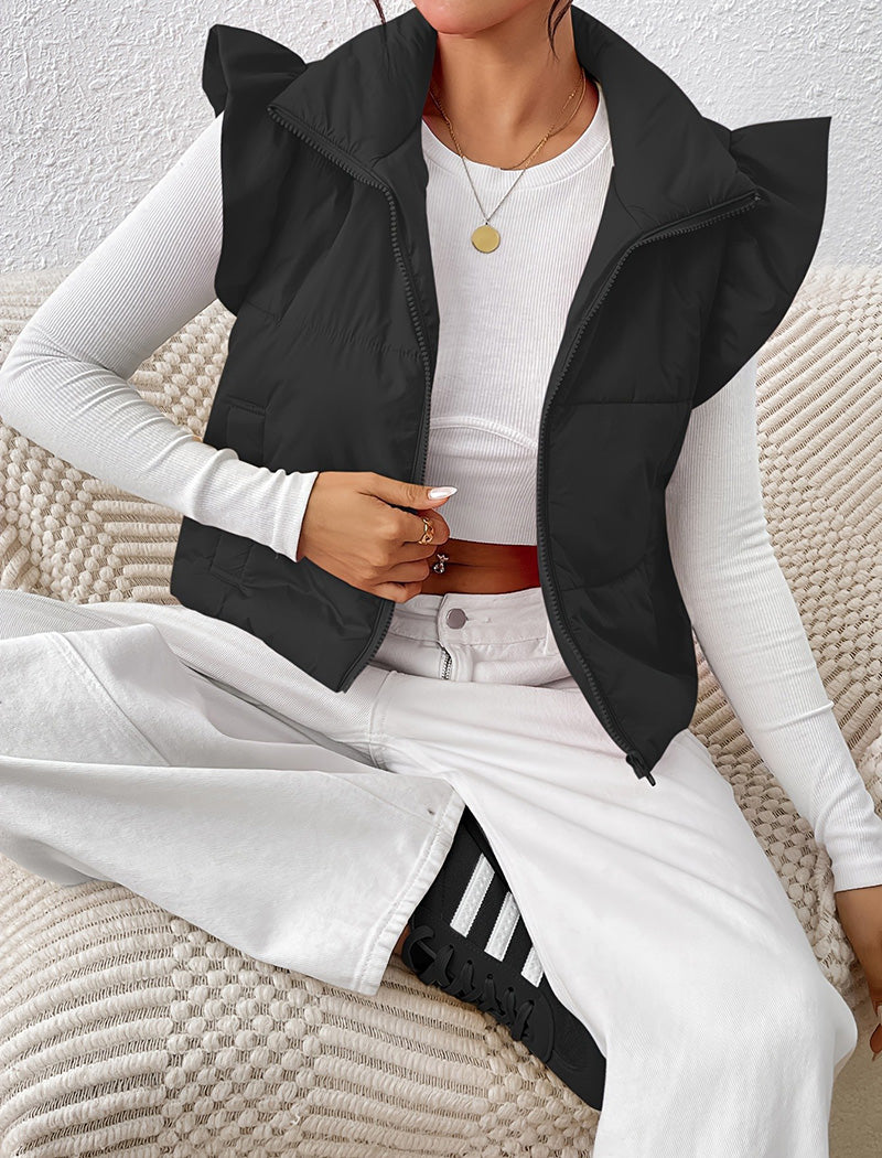 Ruffled Shoulder Puffer Vest