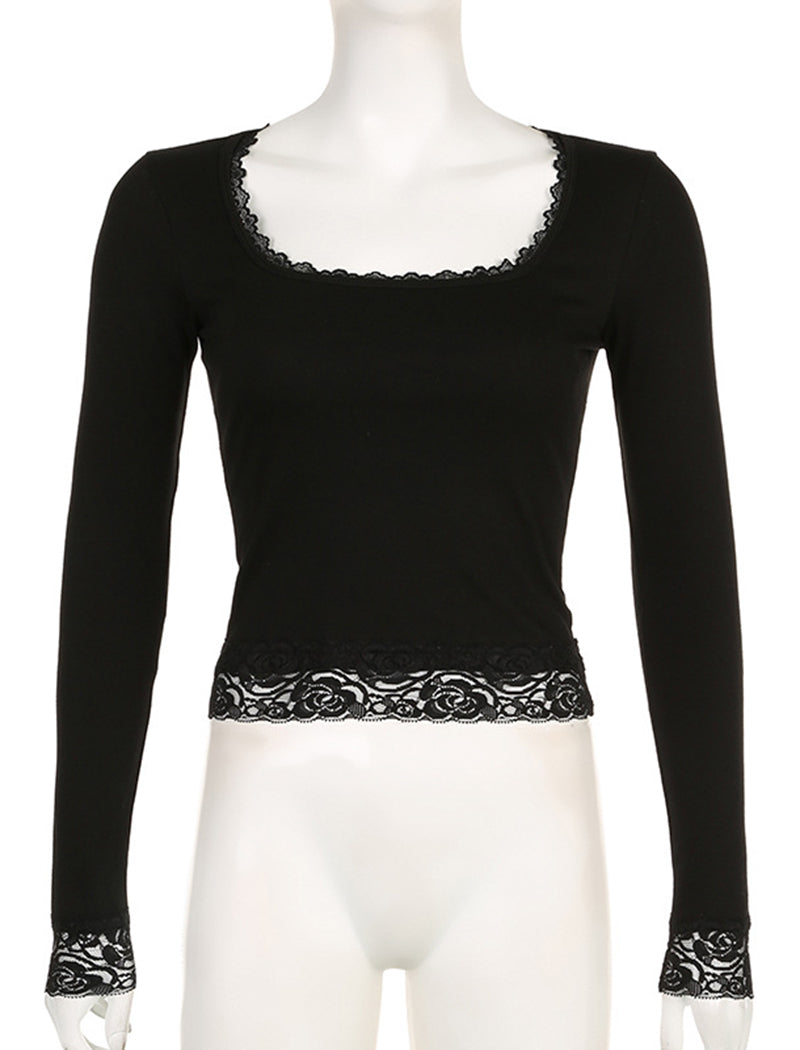 Lace Trim Square Neck Fitted Top