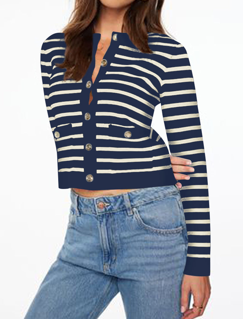 Striped Button-Up Cropped Cardigan