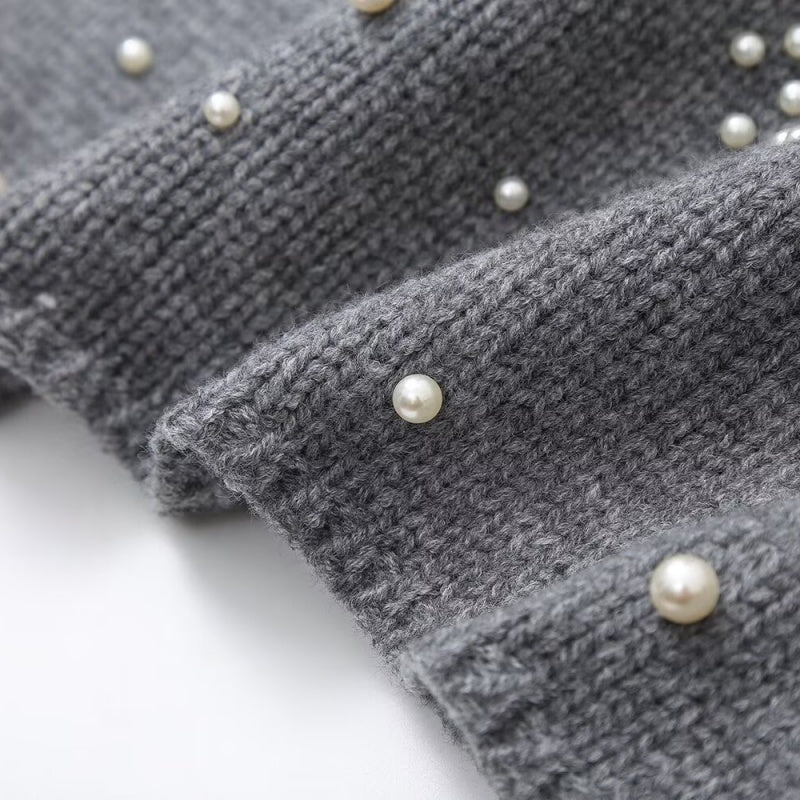 Pearl Detail Collared Long Sleeve Knit Coat