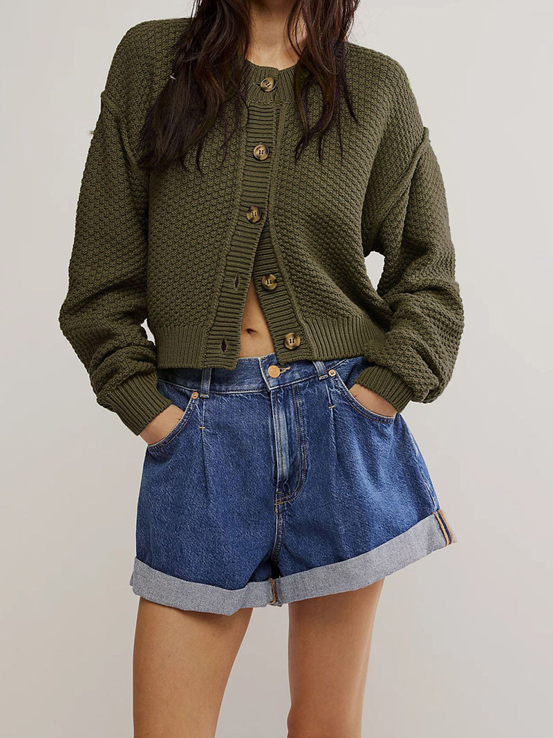 Cropped Button-Up Textured Sweater