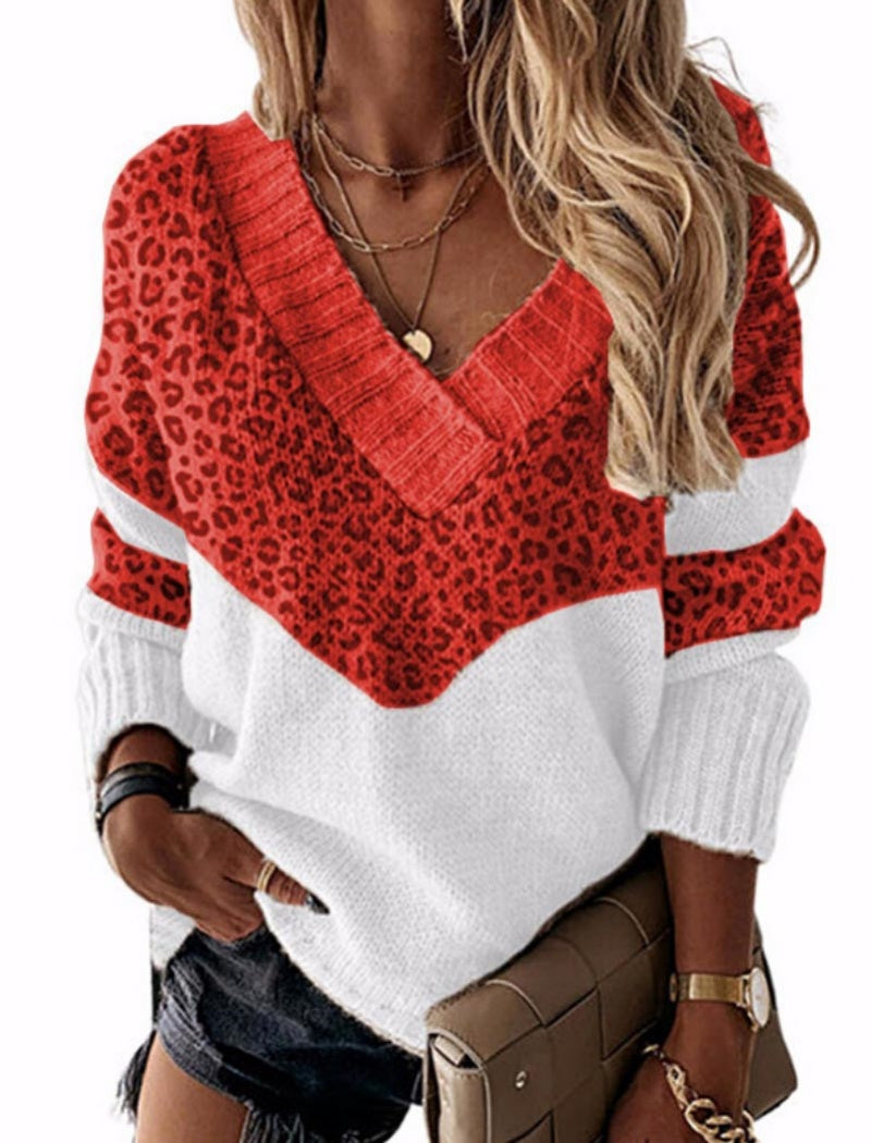 Leopard Print V-Neck Sweater with Colorblock Design