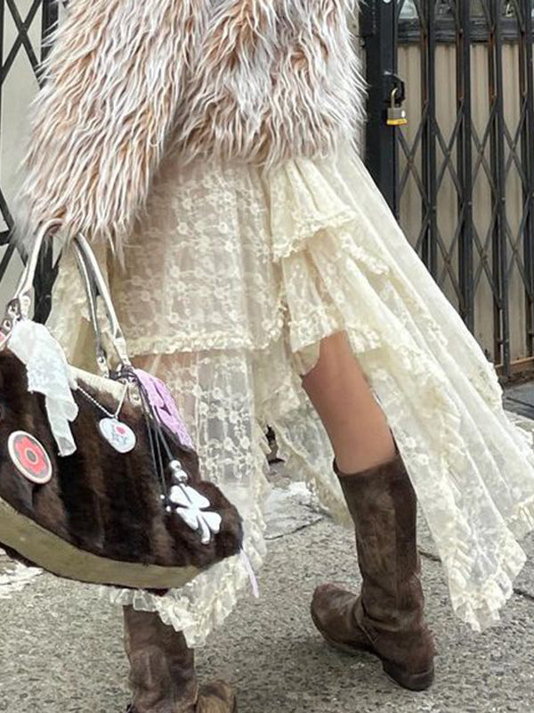 Sheer Lace Asymmetrical Midi Skirt