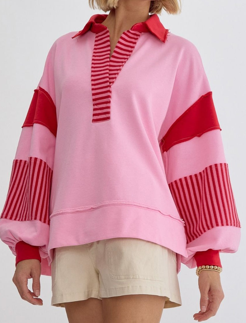 Striped Patchwork Pullover with V-Neck