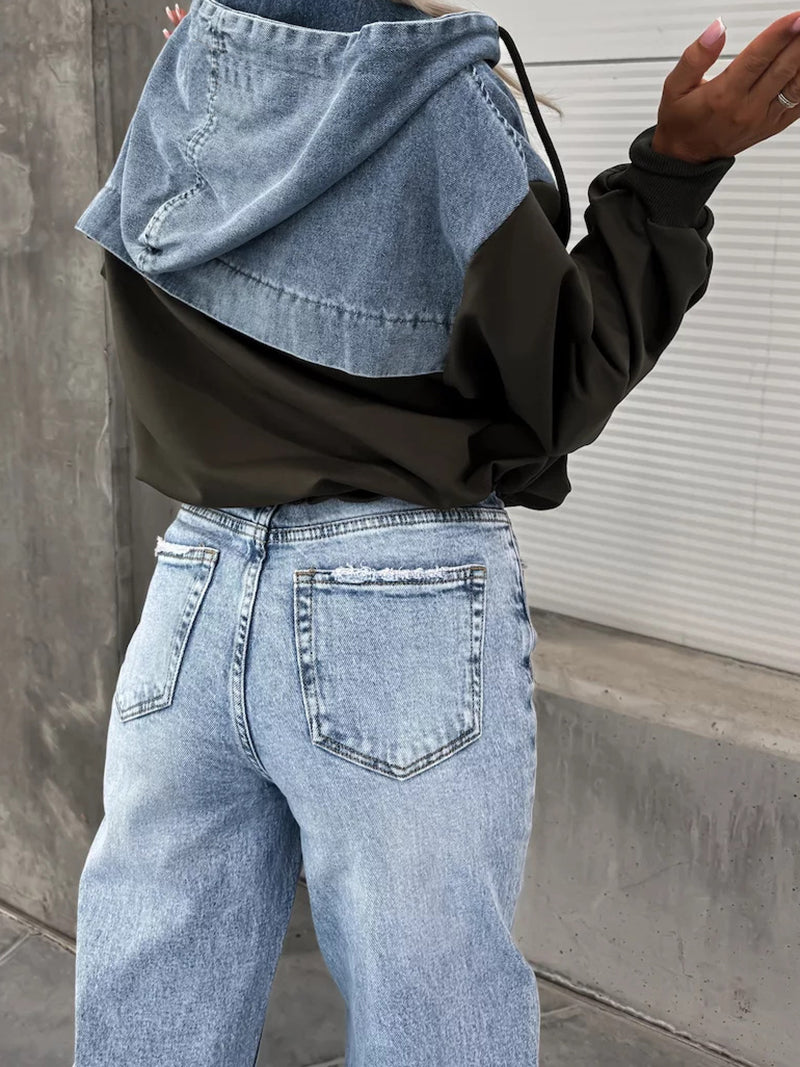 Patchwork Hooded Denim Pullover