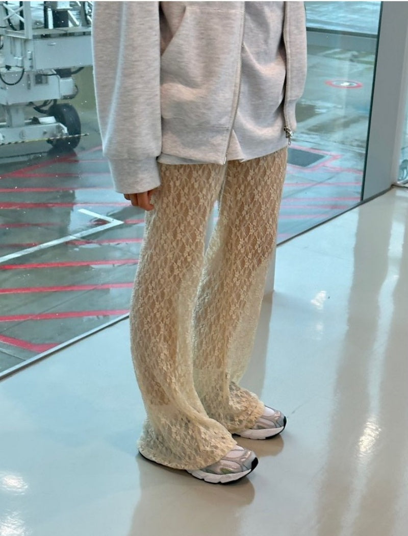 Sheer Lace Wide-Leg Pants