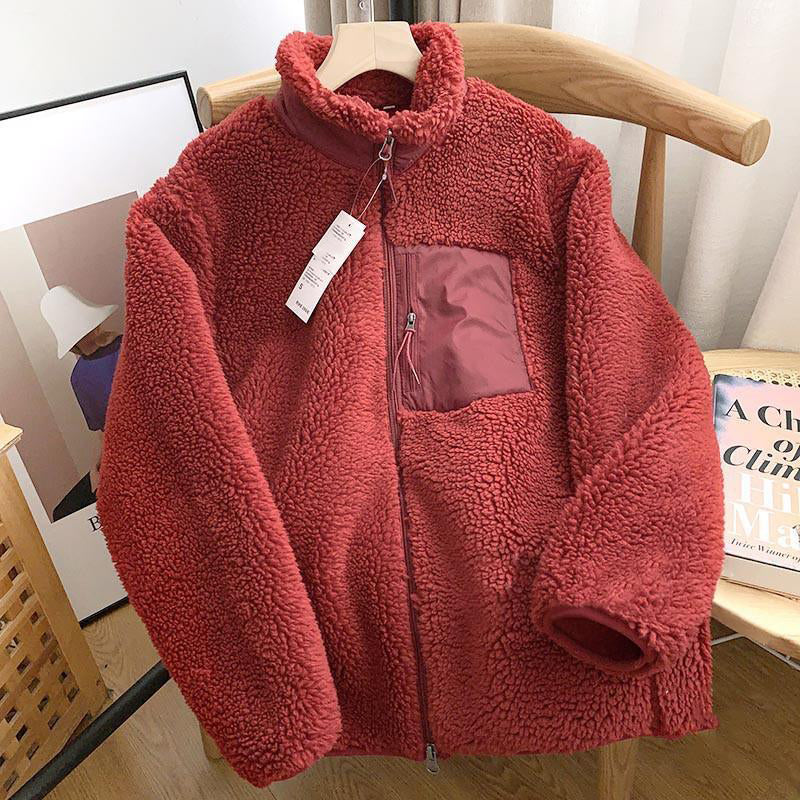 Zipper Windproof Pocket Stand Collar Fleece Coat