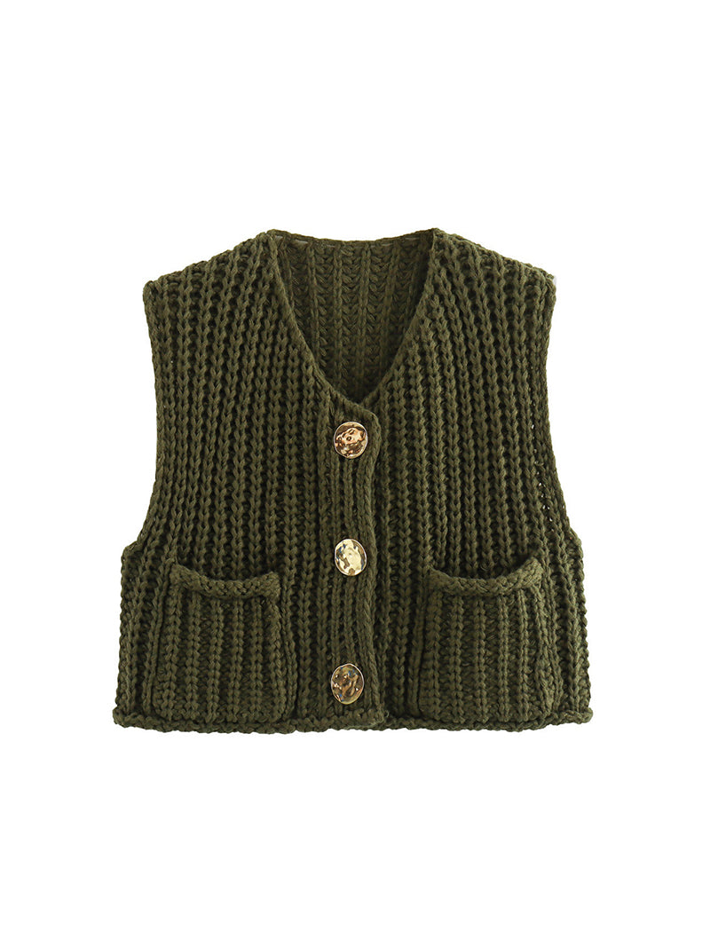 Solid Button-Front Pocket Vest