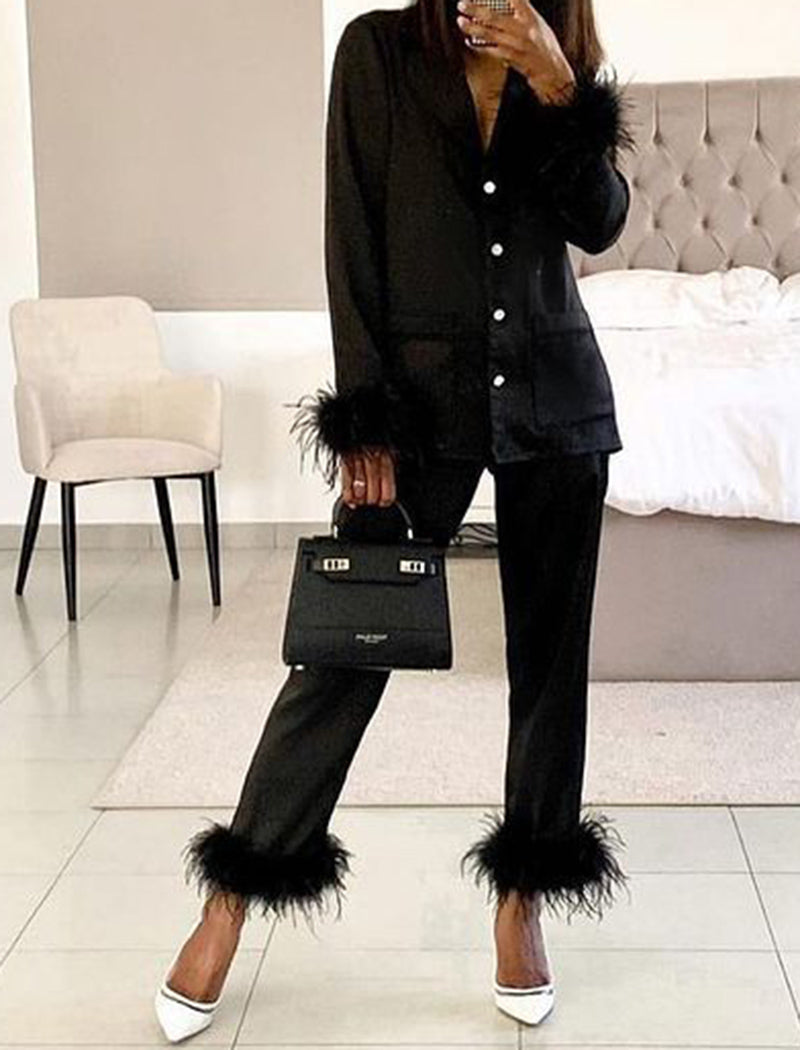 Feather Trim Button-Up Pajama Set