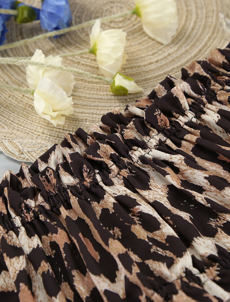 Leopard Print Square Neck Long Sleeve Crop Top and Pants Set