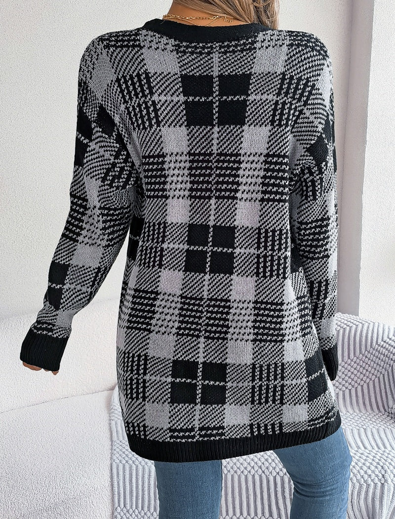 Color-Blocked Checkered Long Sleeve Cardigan