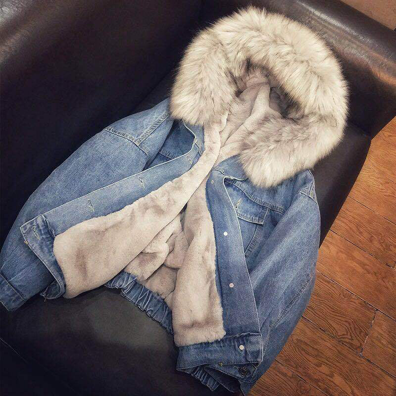 Denim Bomber Jacket with Fur Collar