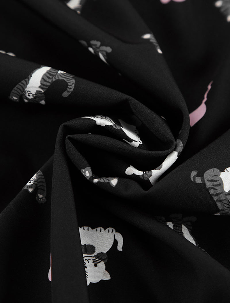 Satin Pajama Set with Cat Print