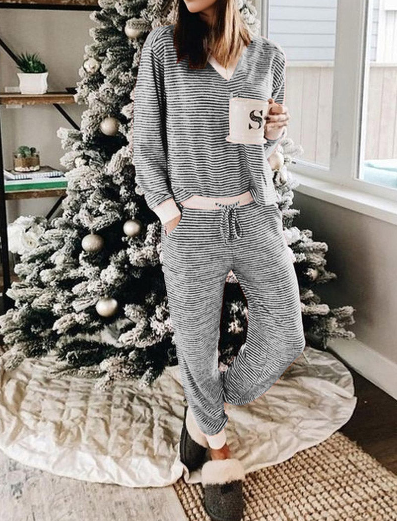 Striped Cozy Lounge Set with V-Neck