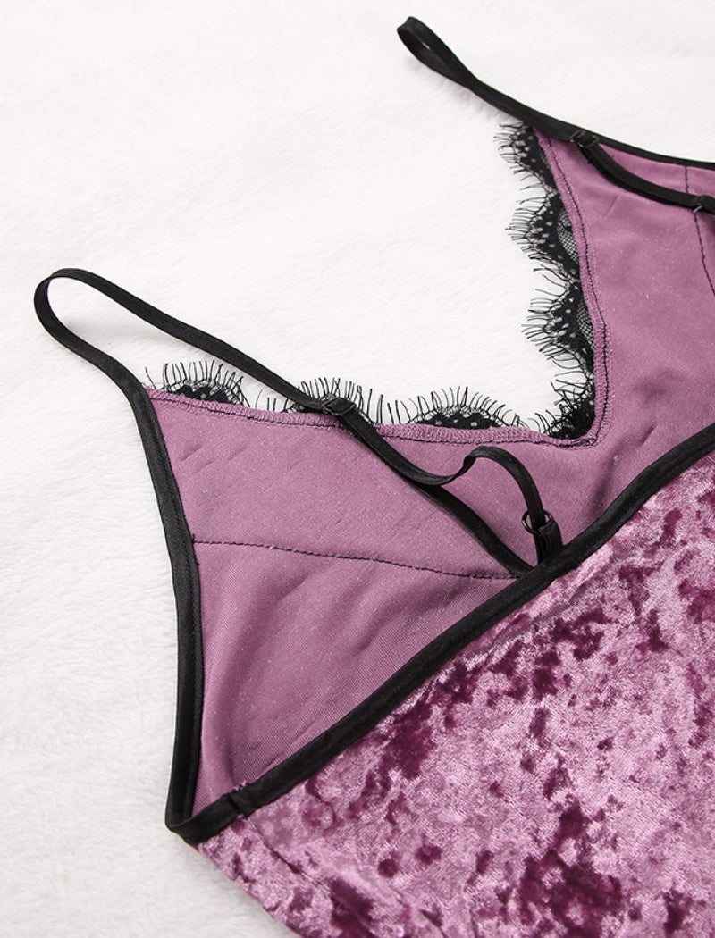 Velvet Lace Trim Robe and Nightgown Set