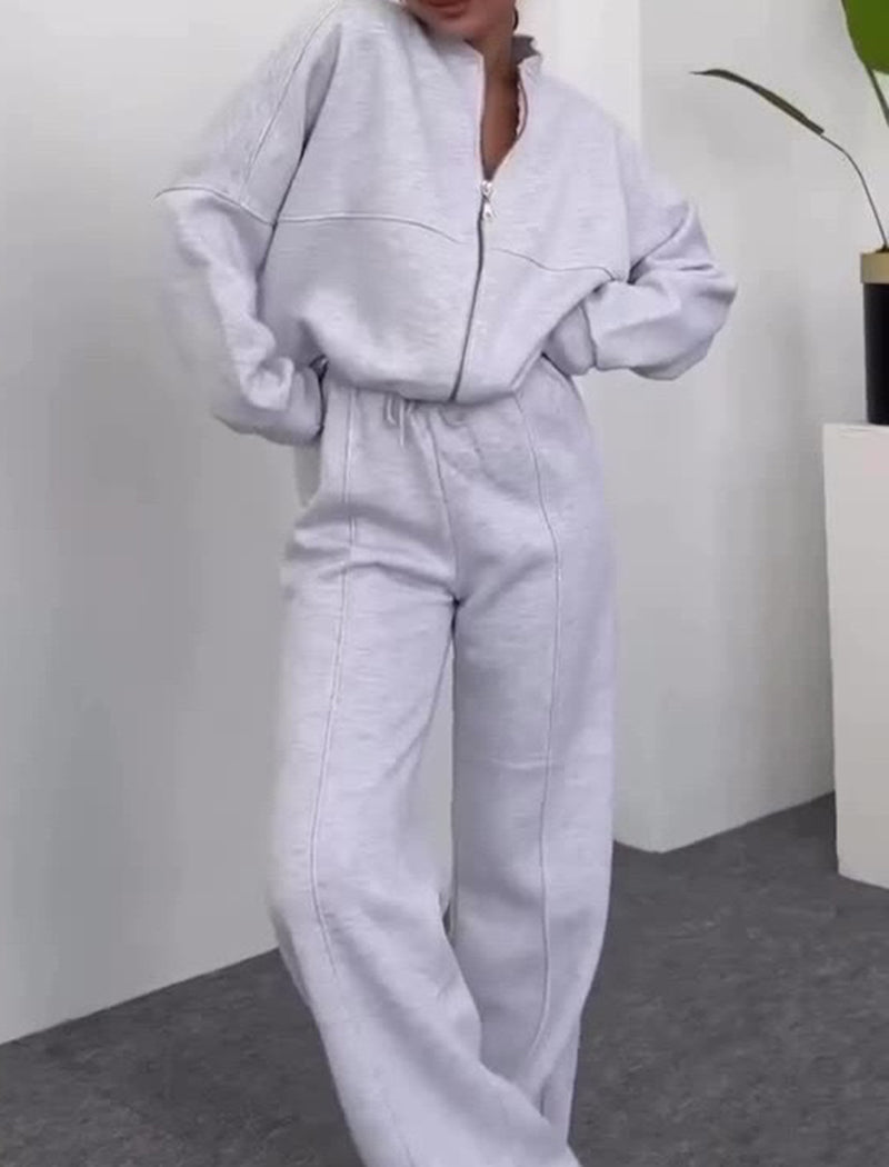 Zip-Up Jacket and Drawstring Wide-Leg Pants Set