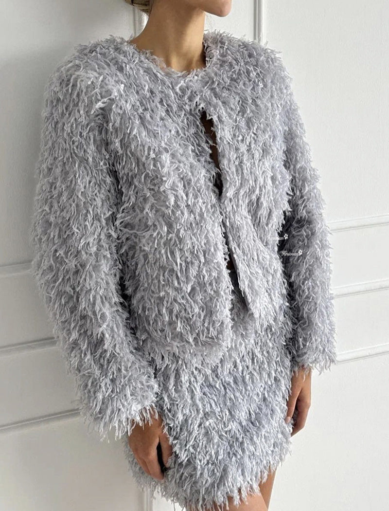 Textured Fringe Jacket and Skirt Set