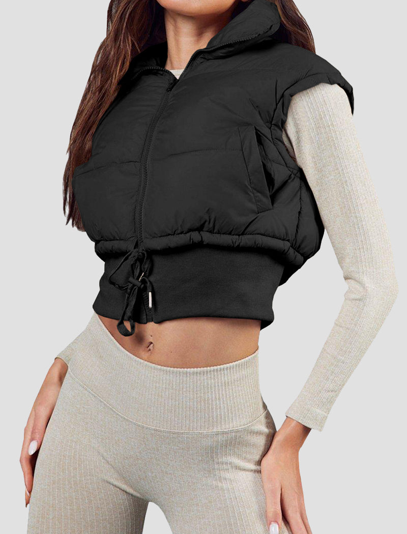 Crop Padded Vest with Drawstring and Zipper
