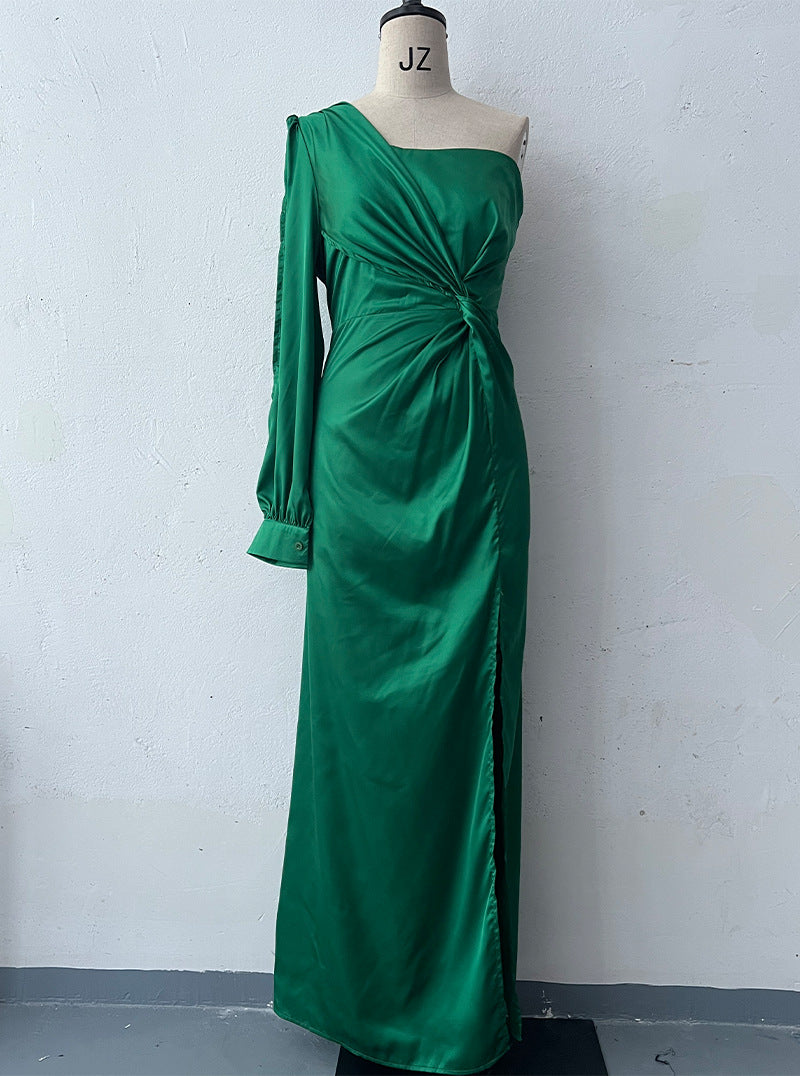 One-Shoulder Draped Split-Hem Maxi Dress