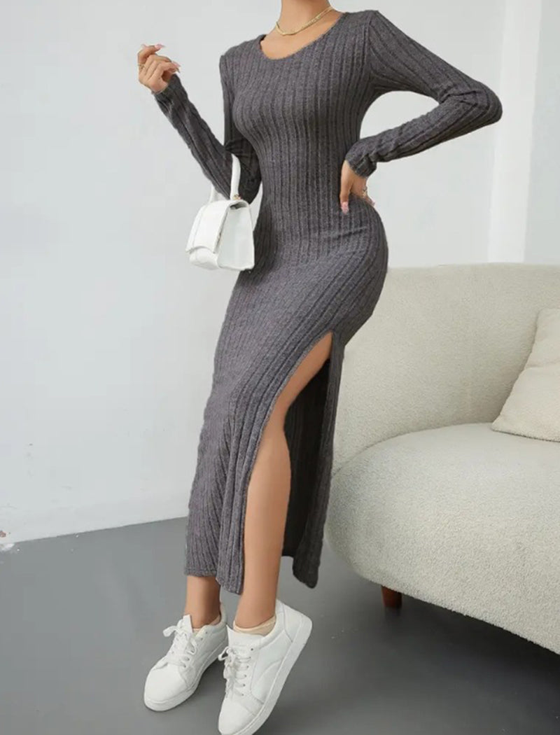 Ribbed Long-Sleeve Slit Maxi Dress