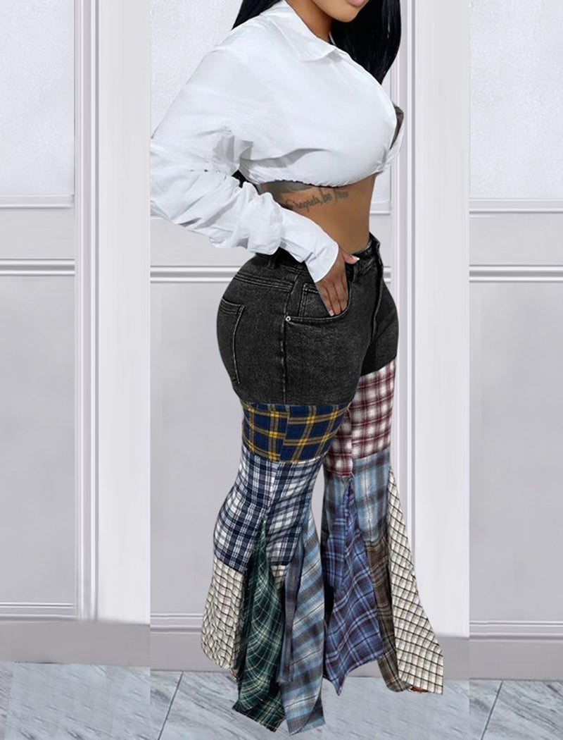 Patchwork Flare Leg Denim Pants